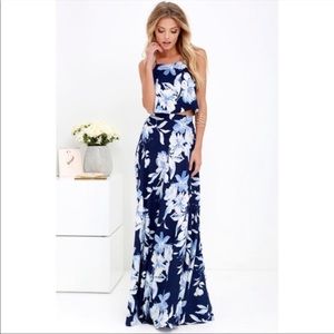 NWT Lulus Love for Lanai Navy Blue White Floral Print Two-Piece Maxi Dress Sz S
